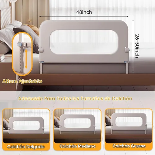 Vista 4 de Barandilla de protección para cama de bebé para niños pequeños, altura ajustable de 48 pulgadas, barandilla de cama abatible, barandilla lateral