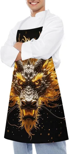 Vista 4 de MUSM Apron for Adults - 27.6 X 31.5 Inch, Heavy-Duty Polyester Aprons with Two Large Pockets, Waterproof Golden Dragon Head Kitchen Apron for