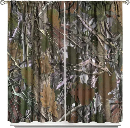 Vista 52 de Cortinas opacas de camuflaje de bosque, animales salvajes, osos, ciervos, alces, con bolsillo para barra, para sala de estar, dormitorio, decoración