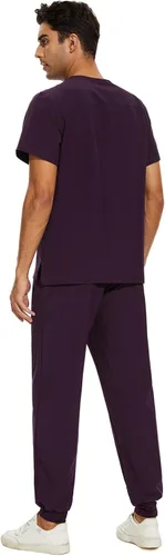 Vista 2 de COZYFIT Conjunto de ropa quirúrgica para hombre camiseta elástica con cuello en V y pantalón deportivo con 8 bolsillos, cintura de yoga, ropa