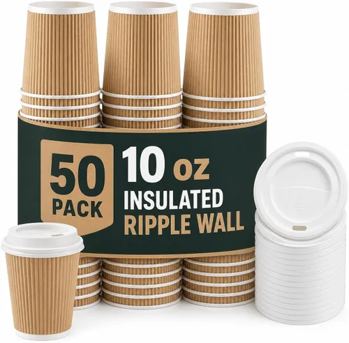 Vista 9 de Tazas de café desechables con tapas, tazas de papel de 10 onzas, pared ondulada aislada, paquete de 50