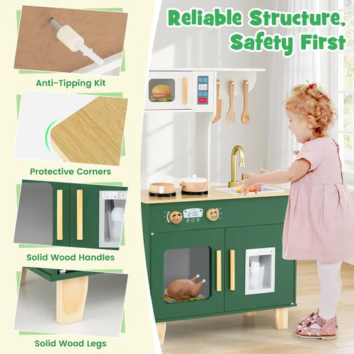 Vista 5 de Costzon Cocina de juego para niños, juego de cocina Little Chef con microondas, estufas, pomos de rotación, dispensador de hielo, grifo, fregadero