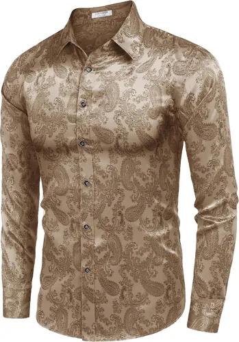 Vista 3 de COOFANDY Camisa de vestir con estampado floral para hombre, camisas de manga larga con botones de cachemira para boda, fiesta, baile de graduación