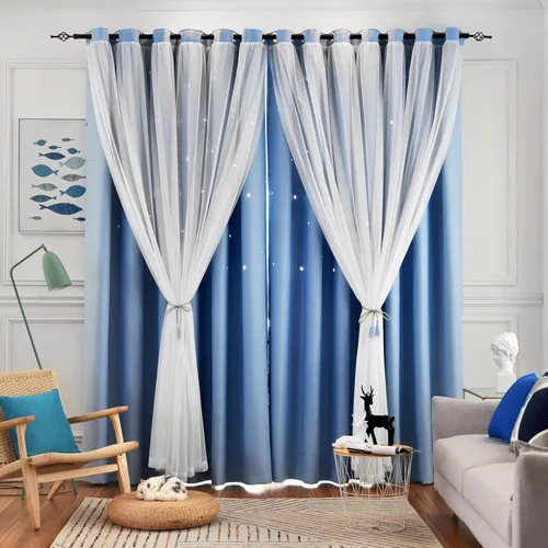 Vista 23 de Loyala Cortinas opacas de doble capa con diseño de estrellas para dormitorio de niños, bonitas, 63 pulgadas de largo, juego de 2 paneles, beige, 42
