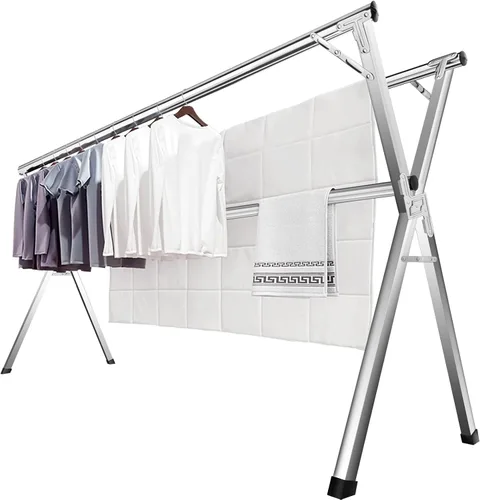 Vista 7 de Estante de secado de ropa de 95 pulgadas, estante de secado plegable para interiores y exteriores, de acero inoxidable resistente, perchero portátil