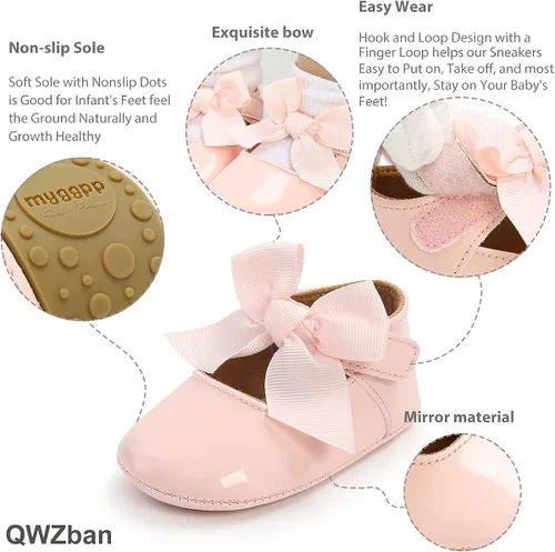 Vista 3 de QWZban Zapatos planos Mary Jane con Bownot antideslizante suela suave de piel sintética para recién nacidos, bebés, primeros caminantes