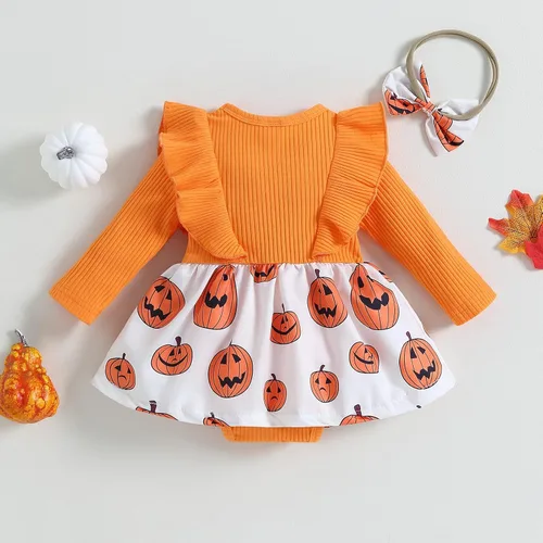 Vista 6 de Vestido de Halloween para recién nacido, con volantes, manga larga, lazo, estampado de calabaza, falda, dobladillo, diadema