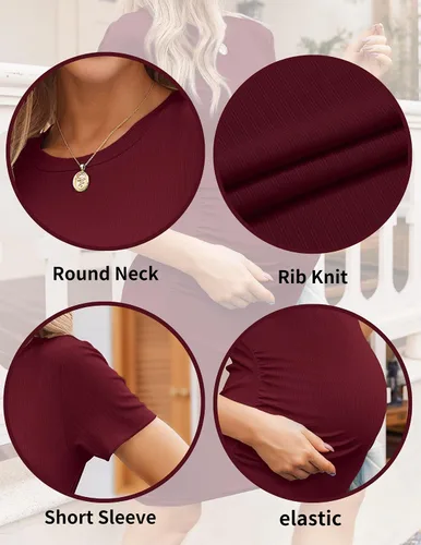 Vista 2 de Ekouaer Vestido de maternidad para mujer, fruncido, acanalado, entallado, vestido de verano casual, vestido de embarazo S-XXL