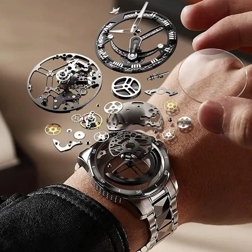 Vista 7 de OLEVS Mens Skeleton Automatic Watch Fashion Big Face Sapphire Crystal Roman Numerals Self Winding Watches Gold Silver Black Tungsten Steel Watch for