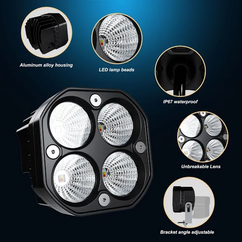 Vista 3 de 2 luces LED de trabajo de 3 pulgadas / 3 pulgadas, vainas estroboscópicas intermitentes de color blanco/ámbar con seis modos de luces antiniebla