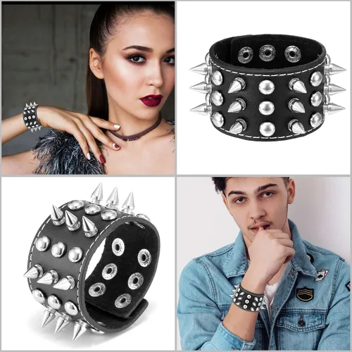Vista 7 de Jovivi Pulsera de piel auténtica punk rock para hombre y mujer, con remaches con tachuelas y tachuelas, color negro