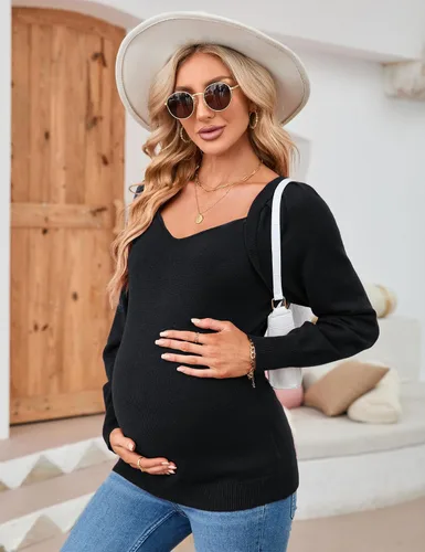 Vista 3 de KOJOOIN Tops de maternidad para mujer, suéteres casuales con cuello en V, manga larga abombada, punto acanalado, para otoño, embarazo, babydoll