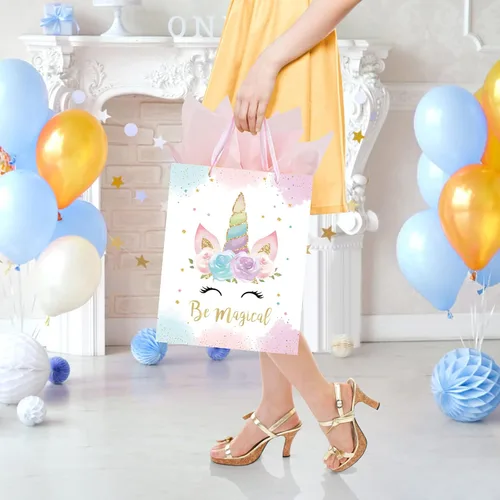 Vista 6 de Bolsa de regalo de unicornios grandes de 13 pulgadas para cumpleaños, baby shower, bolsa de regalo para niña con tarjeta y papel de seda, diseño
