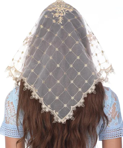 Vista 3 de Velo de capilla triangular pequeño velos de mantilla de encaje de inspiración vintage para iglesia Latina Mass Católica Bufanda para la cabeza