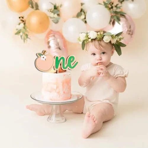 Vista 3 de Peach One - Decoración de pastel de madera con temática de durazno, decoración de primera fiesta de cumpleaños, suministros de fiesta de dulce