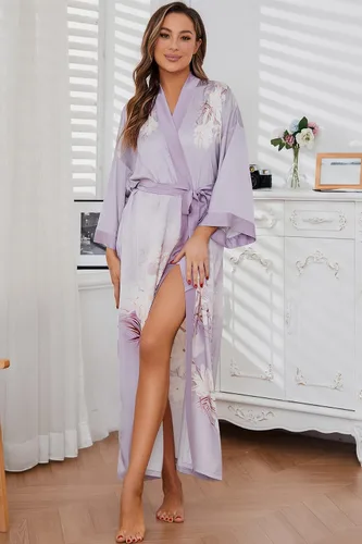 Vista 5 de Bata de baño larga de seda para mujer, ropa de dormir con estampado floral, bata de boda, camisón de satén para dama de honor