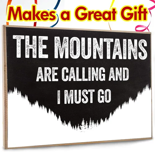 Vista 4 de Letrero de madera con texto en inglés "The Mountains Are Calling" (Las montañas están llamando) - Letrero de madera con refranes - Letrero