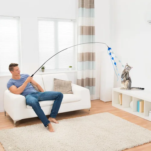 Vista 6 de Juguete de varita para gatos, 8 piezas retráctiles de felpa Srtip para gatos, juguetes con campana y cuerda, juguetes interactivos largos