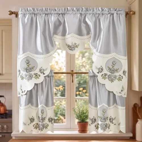 Vista 14 de YHSF Set de cortinas de cocina de 3 piezas con cenefa - Juego de cortinas de ventana de 2 niveles y cenefa con diseño de bolsillo para barra