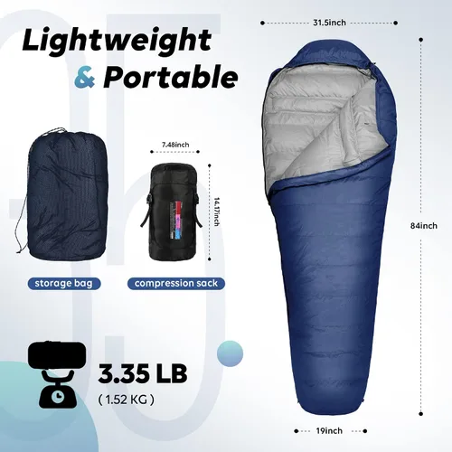 Vista 2 de TOBTOS Saco de dormir de momia, para 4 estaciones, para clima cálido y frío, saco de dormir para adultos, saco de dormir ligero con saco