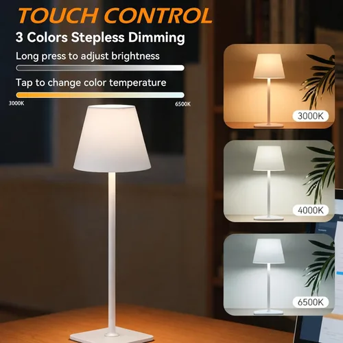 Vista 3 de Paquete de 2 lámparas de mesa inalámbricas recargables, funciona con pilas, lámpara LED táctil regulable con 3 temperaturas de color, lámpara