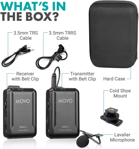 Vista 4 de Movo WMX-1 Sistema de micrófono inalámbrico Lavalier de 2.4 GHz compatible con cámaras DSLR, videocámaras, iPhone, teléfonos inteligentes Android
