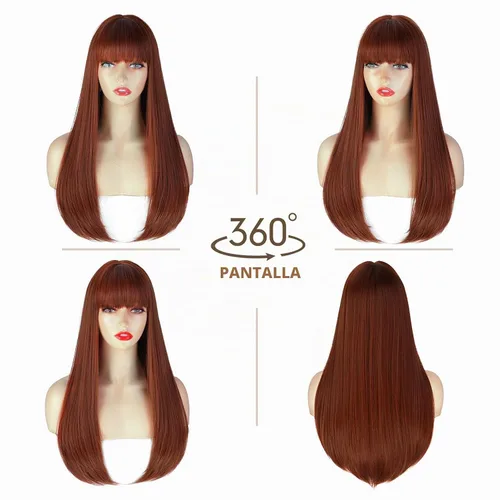 Vista 2 de Pelucas castañas para mujer, peluca larga y recta con flequillo, color marrón rojizo, cosplay, resistente al calor, peluca sintética de cobre rojo