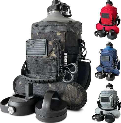 Vista 12 de Botella de agua de 1 galón, botella de agua de metal de acero inoxidable aislada de 128 onzas con soporte, bolsa de transporte, asa de boquilla Negro
