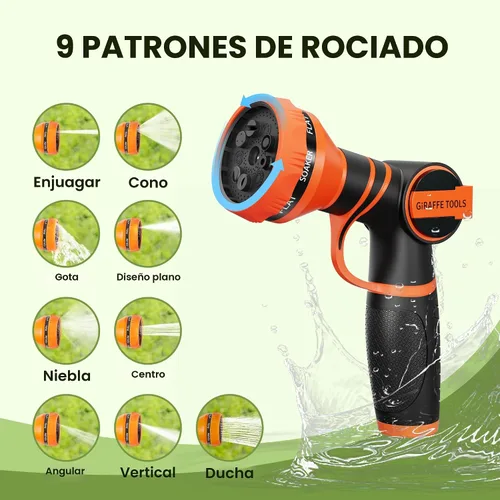 Vista 4 de Giraffe Tools Manguera de jardín no expandible de 25 pies y 1/2 pulgadas, ligera, flexible, para agua, 600 psi, con 9 funciones de pulverización