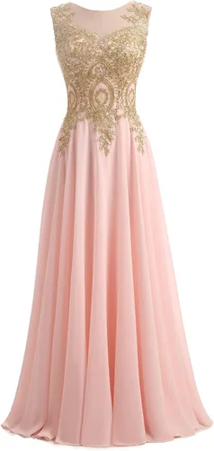 Vista 7 de Vestido de noche de gasa largo de encaje dorado Kivary para mujer