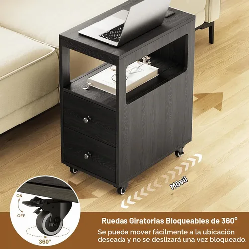 Vista 5 de Mesa auxiliar estrecha con estación de carga y ruedas, mesa auxiliar de sofá estrecha móvil con puertos USB y salidas para espacio pequeño, sala