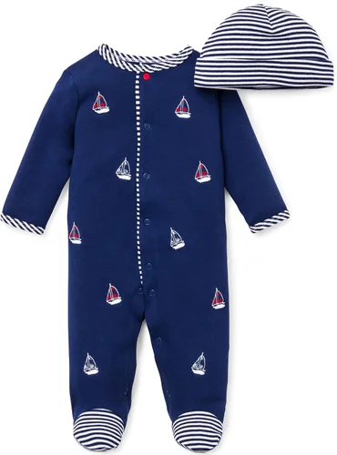 Vista 21 de Little Me Conjunto de mameluco y gorro 100% algodón, prematuro a 9 meses Corderos Azules