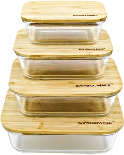 Vista 9 de Bambooware Recipientes de vidrio con tapas Juego de cristalería no plástica – Tapas de bambú de madera orgánica natural Juego de 4