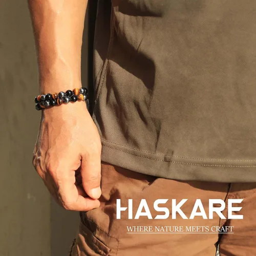 Vista 8 de HASKARE Triple Protection Bracelet, Genuine Tigers Eye Black Obsidian and Hematite 8mm Beads Bracelet for Men Women, Crystal Jewelry Stone Bracelets