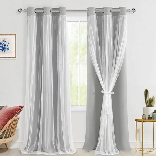 Vista 105 de Hiasan Cortinas opacas con superposición transparente, aislamiento térmico para mezclar y combinar de doble capa, cortinas de oscurecimiento de Beige