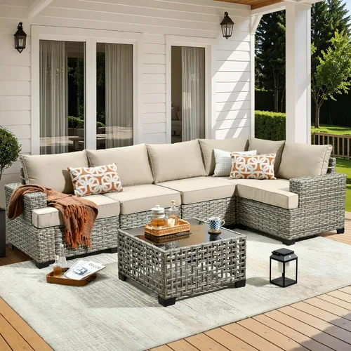 Vista 8 de HOOOWOOO Juego de Muebles Seccionales para Patio al Aire Libre, 6 Piezas Juegos de Conversación de Mimbre Sofá en Forma de L, Sofá Extra Profundo