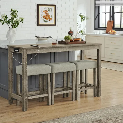 Vista 12 de Knocbel Juego de mesa de bar rectangular de altura de mostrador industrial para 3 personas con toma de corriente, juego de comedor de 4 piezas