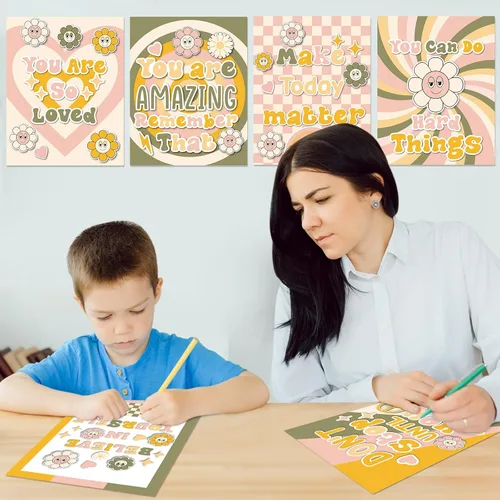 Vista 5 de Nezyo 12 pósteres retro Groovy para aula, diseño de flores hippie bohemias, decoración de tablón de anuncios, póster educativo para guardería
