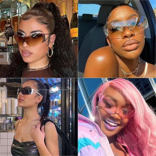 Vista 2 de Gafas de sol Y2K para mujeres y hombres, lentes de sol degradados sin montura con pierna de metal a la moda, escudo envolvente