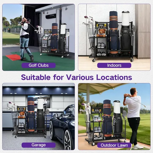 Vista 9 de Organizador de almacenamiento de bolsas de golf, soporte de almacenamiento para bolsas de golf y otros accesorios de equipo de golf, estante