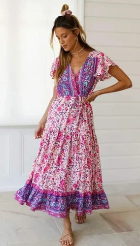Vista 4 de R.Vivimos - Vestido de verano holgado para mujer, tela de algodón, estampado floral, manga corta