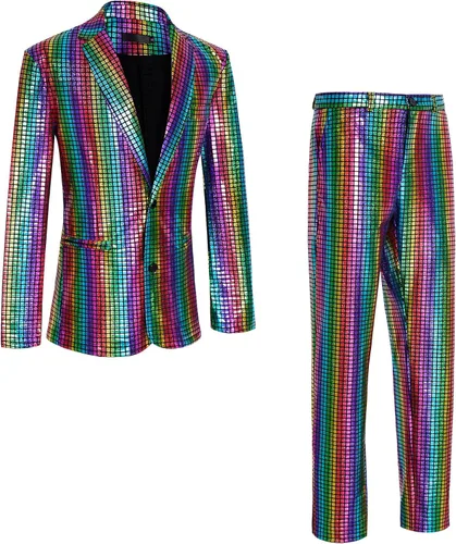 Vista 2 de Traje de discoteca de los años 70 para hombre, traje de arcoíris, chaqueta y pantalones de lentejuelas, disfraz de fiesta de Halloween