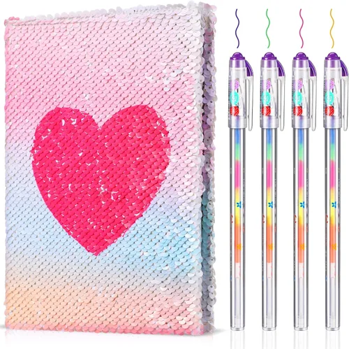 Vista 17 de Outus Juego de diario de lentejuelas para niñas con 4 bolígrafos de tinta de gel de color, diario reversible, cuaderno de lentejuelas con purpurina