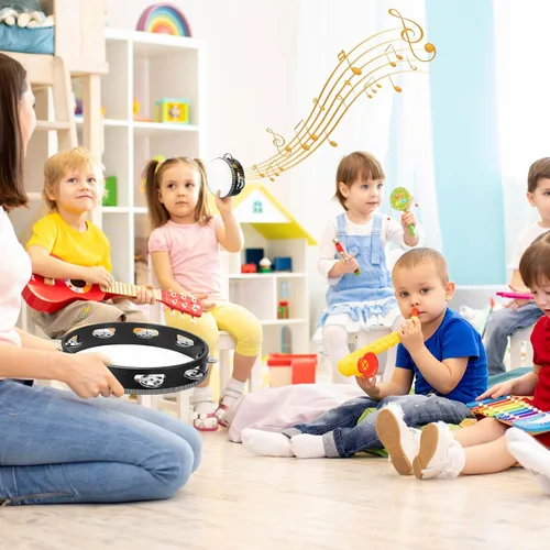 Vista 4 de Reginary Pandereta de madera de mano para adultos, 8 unidades, 4 tamaños, de una sola fila, de metal, regalo educativo musical, instrumento de Negro