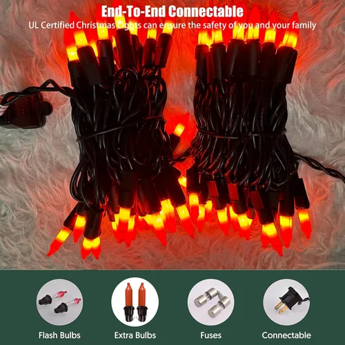 Vista 4 de HISHINY - Extensión de luces de Halloween color naranja, 100 luces incandescentes con cable negro, ideal para decoraciones de Halloween
