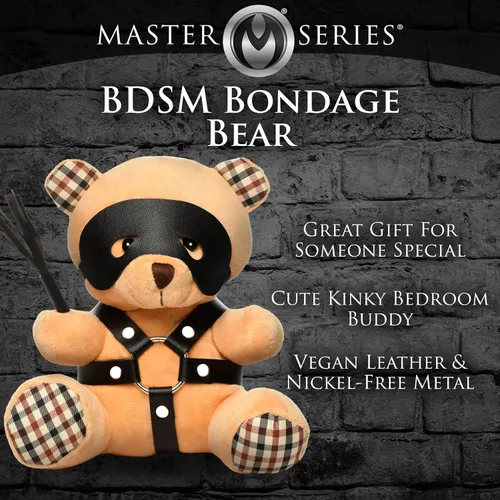 Vista 3 de Master Series Oso BDSM para hombres, mujeres y parejas. Suave oso de peluche con temática BDSM M. Regalo lindo y sexy. 1 pieza, beige y negro.