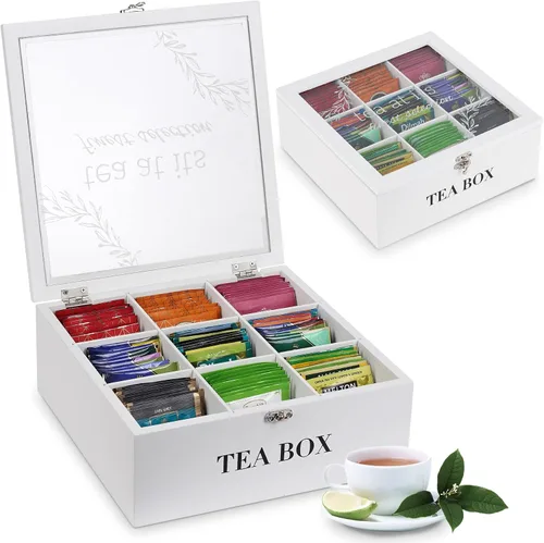 Vista 8 de Caja de té, almacenamiento de bolsas de té, organizador de bolsas de té de bambú, baúl moderno con 9 compartimentos y cubierta transparente
