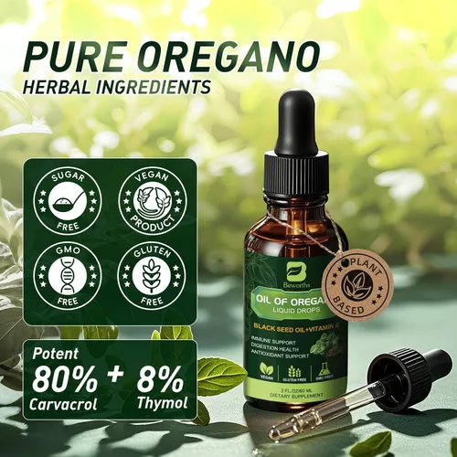 Vista 5 de B BEWORTHS Gotas de Aceite de Orégano Orgánico Aceite de Orégano con Aceite de Semilla Negra, Vitamina E, Gotas de Orégano 80% Carvacrol