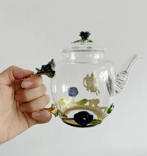 Vista 7 de Tetera creativa de cristal de flores para té de Kung Fu, buen regalo para hermana, mamá, abuela, profesores (rosa azul)