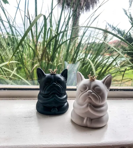 Vista 6 de Estatua de Bulldog francés francés, hecha a mano, súper linda, estatua Zen sentada (blanco)
